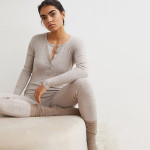 Women Beige Ribbed modal-blend jumpsuit